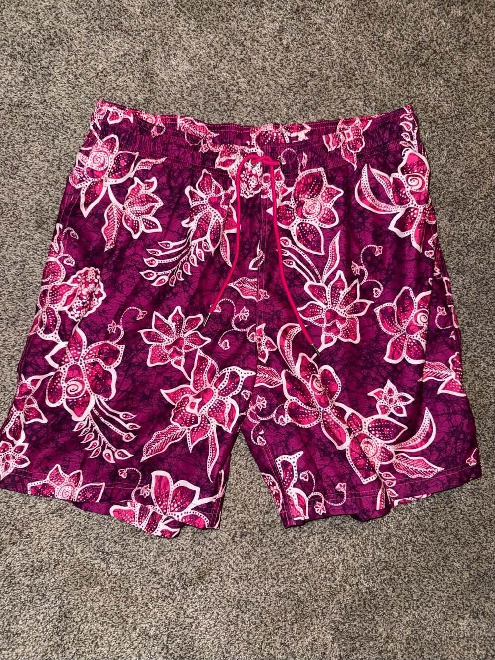 Lands' End Men's Lined Swim Trunks Magenta Floral Hibiscus Print